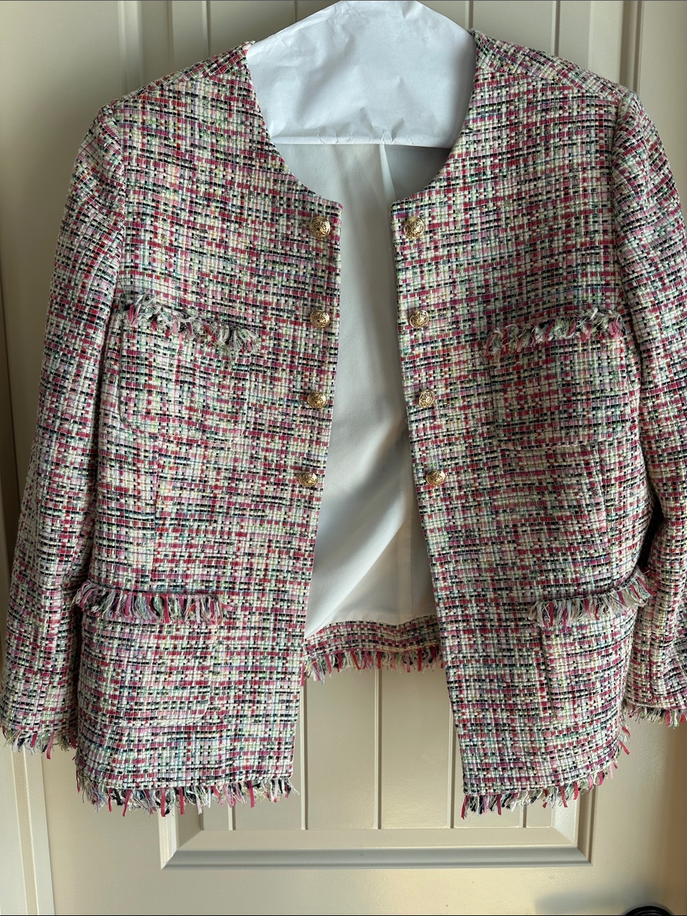 Tahari Frayed Tweed Open-Front Jacket in Pink Mix